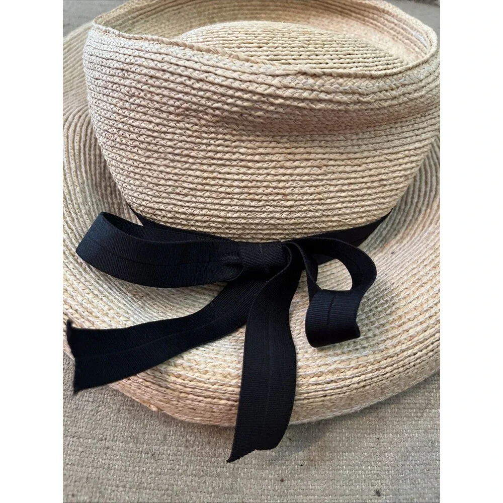 Annabel Ingall Tan Straw Sun Hat Wide Brim Black Ribbon Packable Australia
